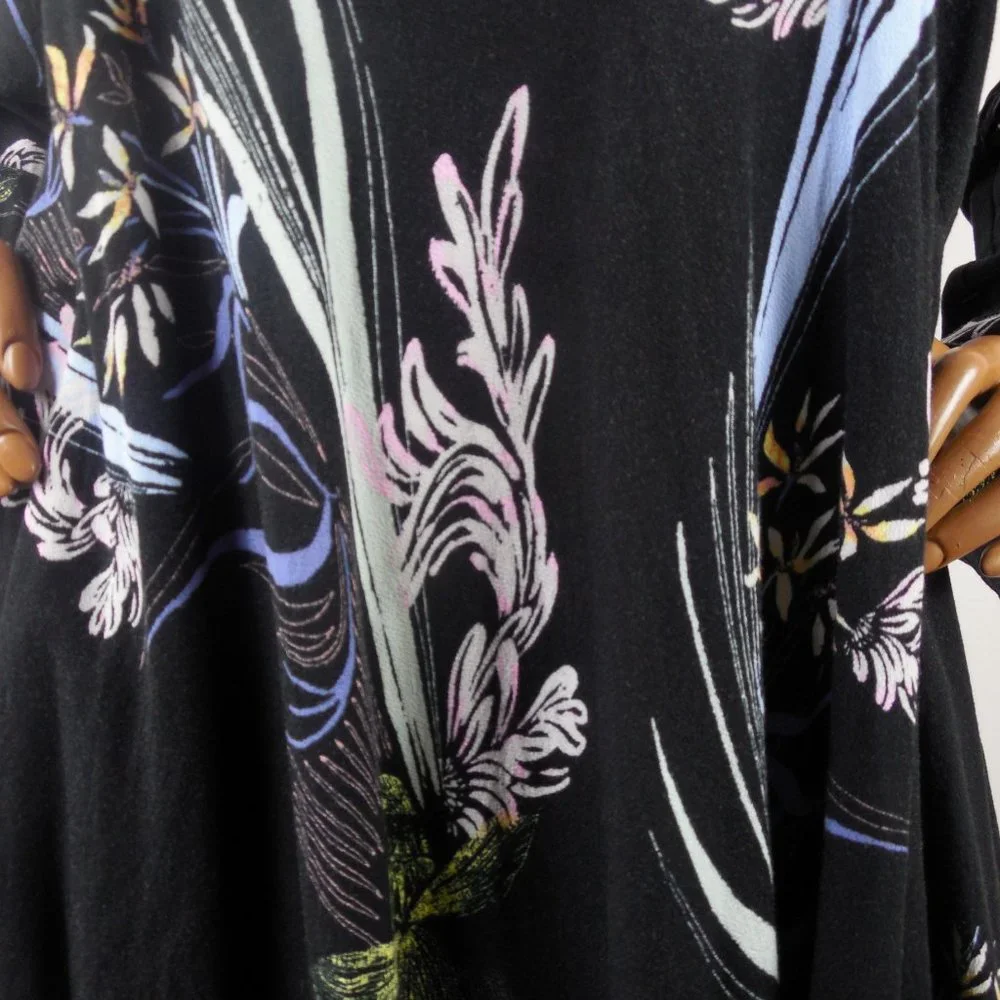 FREE PEOPLE Top M Black Floral Tunic Shirt Tie Cold Shoulder Long Sleeves Casual - Picture 6 of 13